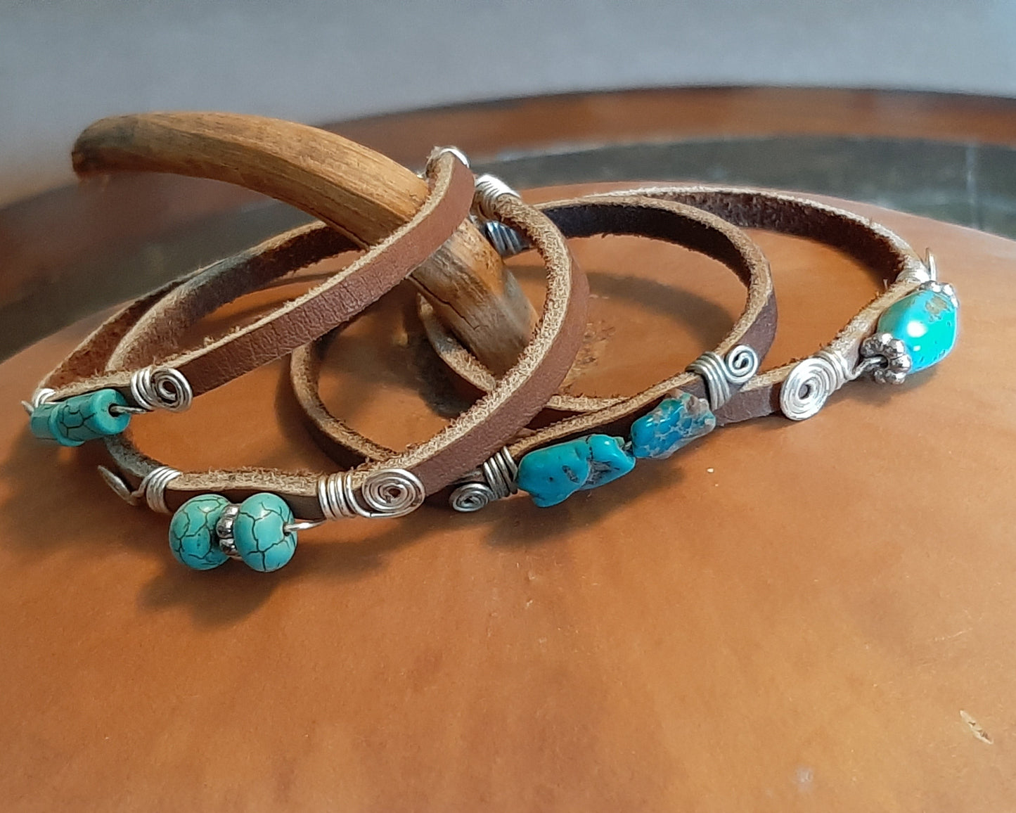 Leather Bracelet, Beaded, Wire Wrap, For Her, Fashionable, Southwestern