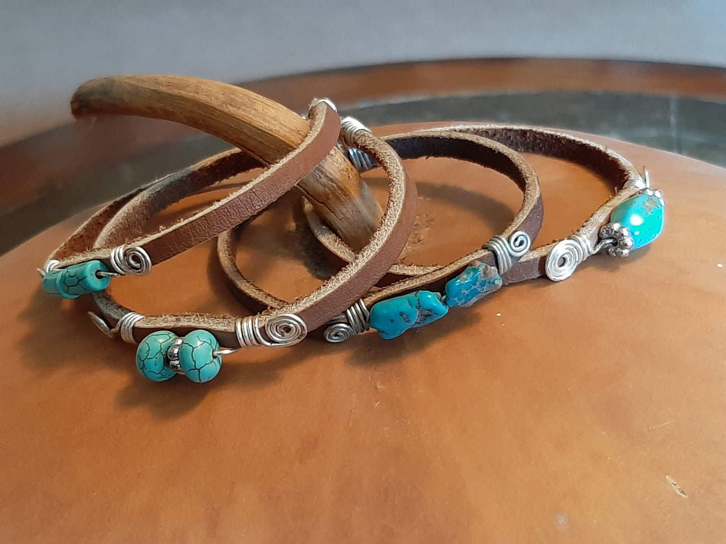 Leather Bracelet, Beaded, Wire Wrap, For Her, Fashionable, Southwestern